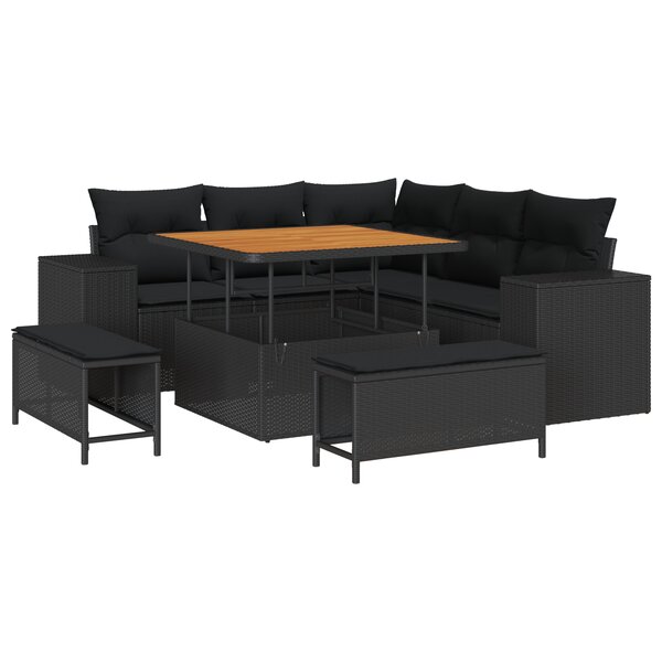 vidaXL Ensemble de jardin 8 pièces avec coussins en poly rattan noir et acacia.