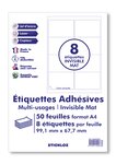 50 planches a4 - 8 étiquettes 99,1 mm x 67,7 mm autocollantes invisibles mat par planche pour tous types imprimantes - jet d'encre/laser/photocopieuse