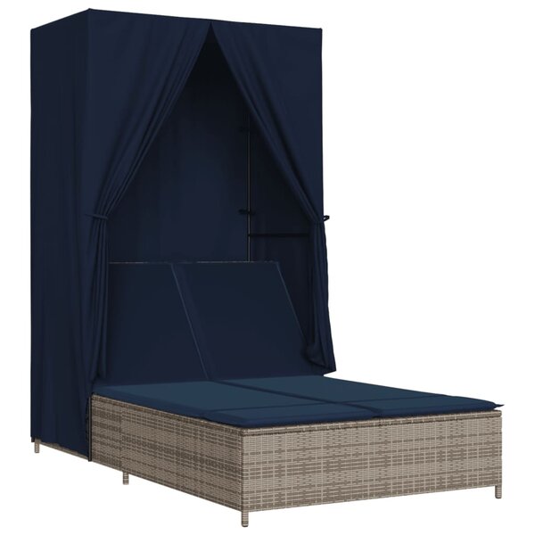 vidaXL Chaise longue double avec toit et rideaux gris résine tressée
