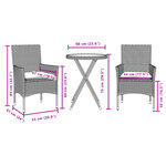 vidaXL Ensemble de bistro avec coussins 3 Pièces gris rotin et verre