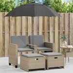 vidaXL Canapé de jardin 2 places avec parasol et tabourets beige rotin