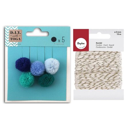 5 pompons ronds en laine 2 cm Hiver + Ficelle dorée & blanche 15 m