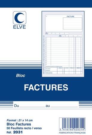 Bloc FACTURE 210 x 140 mm 50 feuillets Recto Verso ELVE