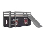 Lit Enfant Surélevé Avec Toboggan Pino 90x200cm Gris + Rideau de lit Pirates