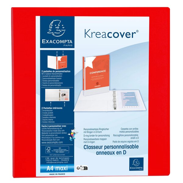 Classeur Pp Personnalisable Kreacover - 4 Anneaux En D 60mm - A4 Maxi - Rouge - X 10 - Exacompta