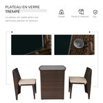 Ensemble salon de jardin encastrable 3 pièces plateau table verre trempé + lot de 2 chaises coussins résine tressée chocolat