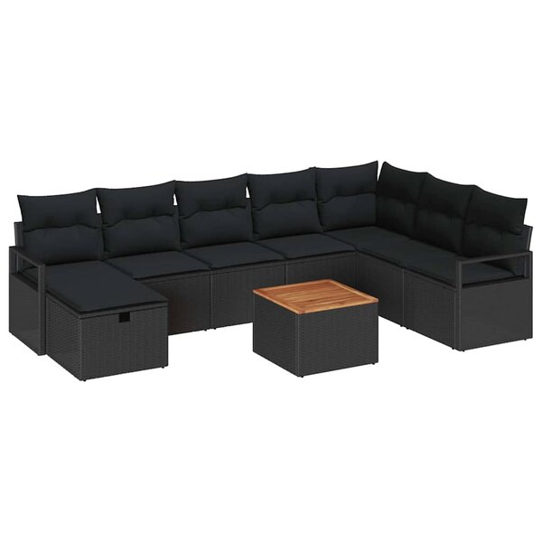 vidaXL Ensemble de canapé de jardin avec coussin 9 Pièces Noir polyrotin