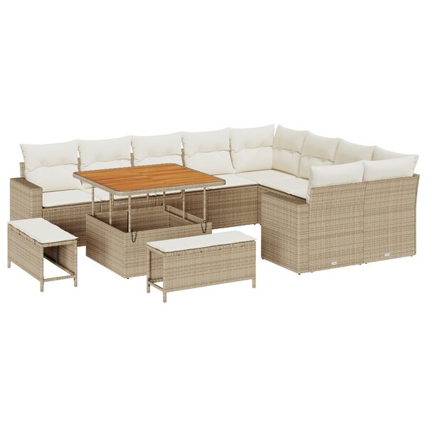 Ensemble de Canapé de Jardin 12 Pièces avec Coussins Beige Poly Rattan Acacia