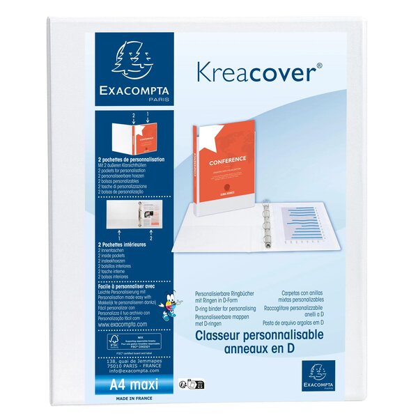 Classeur Pp Personnalisable Kreacover - 4 Anneaux En D 25mm - A4 Maxi - Blanc - X 10 - Exacompta
