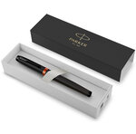 Stylo plume Parker IM Vibrant Rings  Satin noir laqué  attributs orange vif  plume fine  recharge d’encre bleue  Coffret cadeau