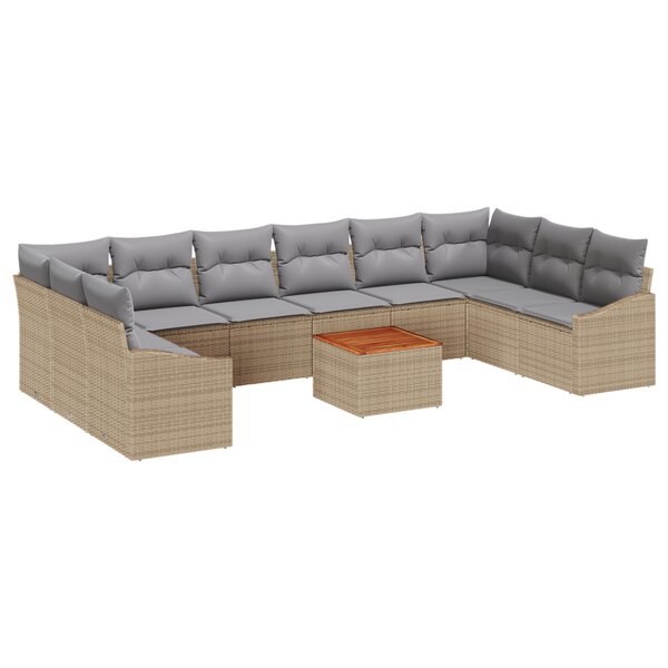 vidaXL Set de salon de jardin 11 pièces  coussins en rotin polybeige et acacia.