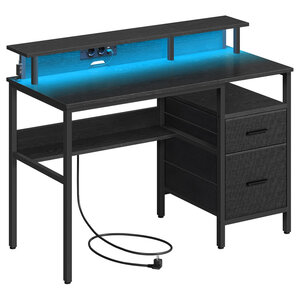 Bureau gaming avec lumières led et multiprise bureau informatique avec support d'écran table avec rangement 2 tiroirs 2 ports usb pour bureau noir boisé 12_0004638