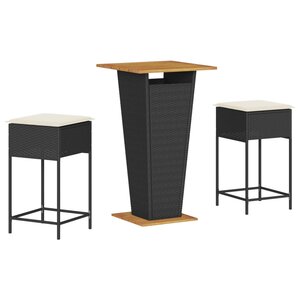 vidaXL Ensemble de bar de jardin 3 Pièces avec coussins noir poly rotin