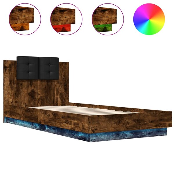 vidaXL Cadre de lit tête de lit et lumières LED chêne fumé 90x200 cm