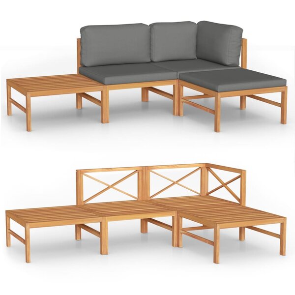 vidaXL Salon de jardin 4 Pièces avec coussins gris Bois de teck solide