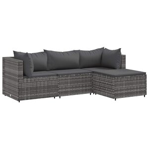 vidaXL Salon de jardin 4 Pièces avec coussins Gris Résine tressée