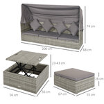 Lit canapé de jardin modulable grand confort pare-soleil pliable 6 coussins 4 oreillers table basse relevable résine tressée polyester gris
