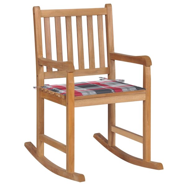 vidaXL Chaise à bascule avec coussin à carreaux rouges Bois de teck