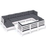 vidaXL Salon de jardin 10 Pièces avec coussins blanc bois de pin massif
