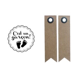 Tampon bois Naissance garçon + 20 étiquettes kraft Fanion