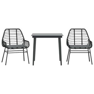 vidaXL Ensemble à manger de jardin et coussins 3 Pièces noir rotin verre