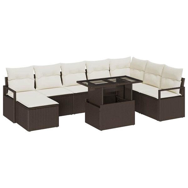 vidaXL Ensemble de canapé de jardin 9 pièces avec coussins marron en poly rattan
