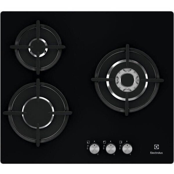 ELECTROLUX EGT6633NOK - Plaque de cuisson gaz - 3 foyers - 7900W - L56 x P48 x H4,5cm - Revetement verre - Grilles en fonte - Noir