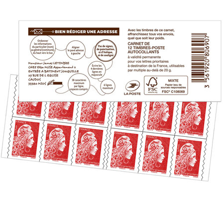 Carnet 12 timbres Marianne l'engagée - Lettre prioritaire - Rouge - Couverture Service National de l'Adresse de La Poste