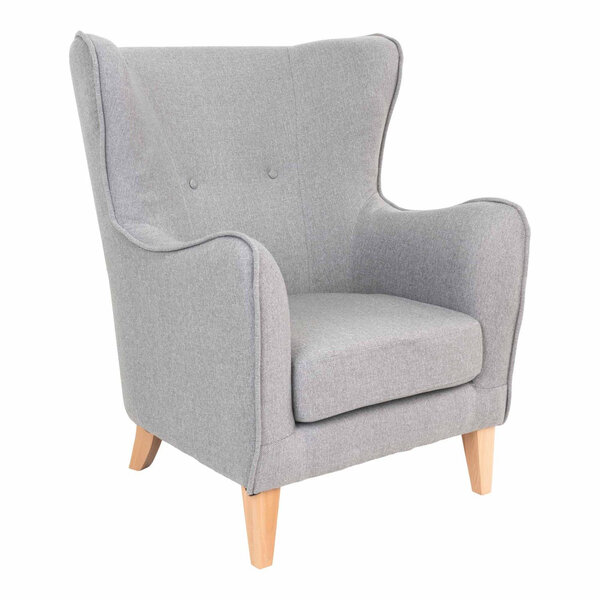 Fauteuil en velours gris clair avec pieds en bois naturel