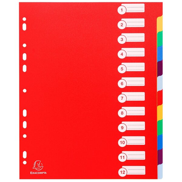 Intercalaires Polypropylène Opaque Semi Rigide 12 Positions - A4 Maxi - Couleurs Assorties - X 15 - Exacompta