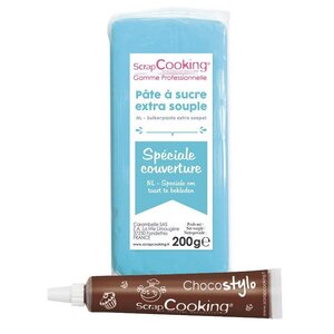 Pâte à sucre de couverture bleu 200 g + Stylo chocolat