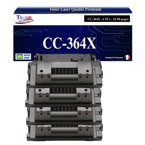 T3AZUR -4x Toners compatibles avec HP CC364X/CE390X (64X/90X) pour HP Laserjet M4555  M4555F  M4555FSKM MFP  M4555H MFP