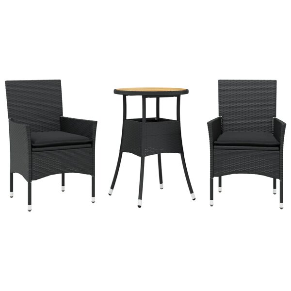 vidaXL Ensemble à manger de jardin et coussins 3 Pièces noir rotin acacia