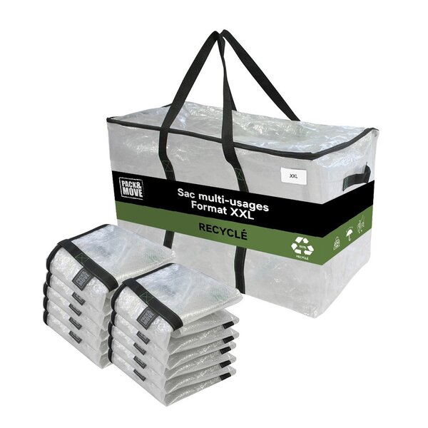Pack and Move - Lot 10 Grands Sacs Déménagement Transparent Recyclé - Rangement Et Transport Ultra Résistant - Réutilisable - Poignées Solides - 100L
