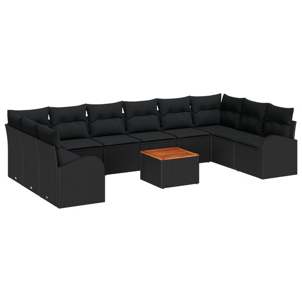 vidaXL Ensemble de canapé de jardin de 11 pièces avec coussins en poly rattan noir et bois d'acacia