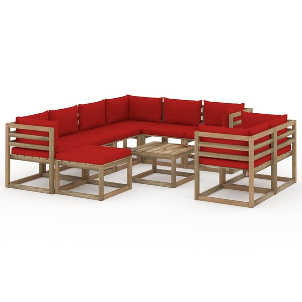 vidaXL Salon de jardin 10 Pièces avec coussins Rouge