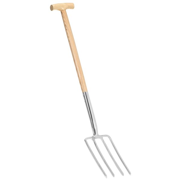 vidaXL Fourche à creuser de jardin poignée en T Inox et bois de frêne