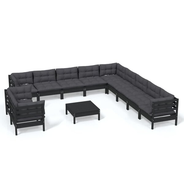 vidaXL Salon de jardin 12 Pièces avec coussins Noir Bois de pin solide