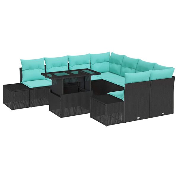 vidaXL Ensemble de canapé de jardin 9 Pièces Noir et Bleu polyrotin