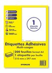 200 planches a4 - 1 étiquette 210 mm x 297 mm autocollantes blanche par planche pour tous types imprimantes - jet d'encre/laser/photocopieuse