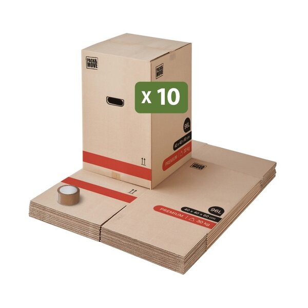 Pack and Move - Lot 10 Cartons Déménagement Premium - 40 X 40 X 60 Cm - Résistance 30 KG - Double Épaisseur - Poignées Renforcées - 1 Adhésif Offert