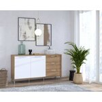 Buffet - Chene riviera et blanc brillant - Classique - 2 portes - NORTH PINE - L 159,2 x P 42 x H 84 cm - Poignées en métal
