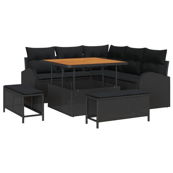 vidaXL Ensemble de canapé de jardin 8 pièces avec des coussins en polyrotin noir et en acacia