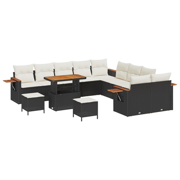 Ensemble de canapé de jardin 13 pièces avec coussins Noir Poly Rattan Acacia