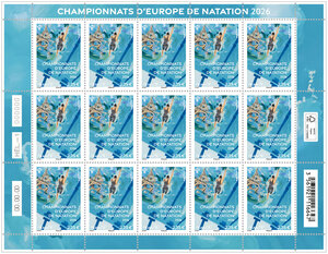 Feuille de 15 timbres - Championnats d'Europe de natation 2026 - Lettre Internationale