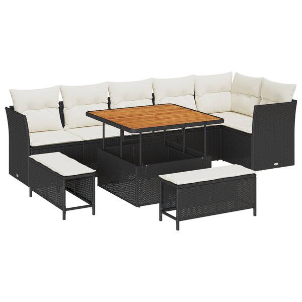 vidaXL Ensemble de jardin de 9 pièces avec coussins en poly rotin noir et en acacia