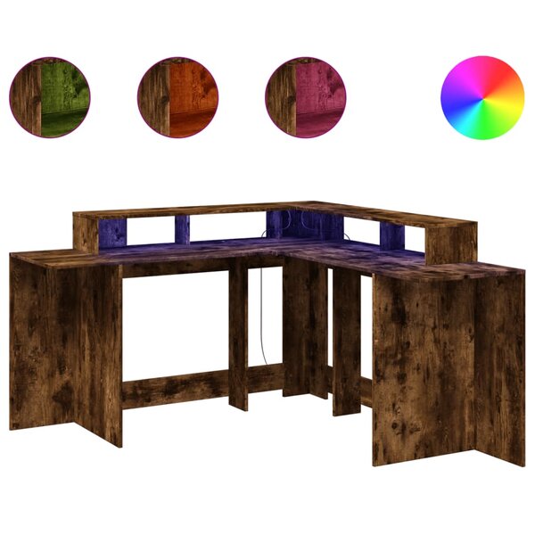 vidaXL Bureau et lumières LED chêne fumé 152x152x91cm bois ingénierie