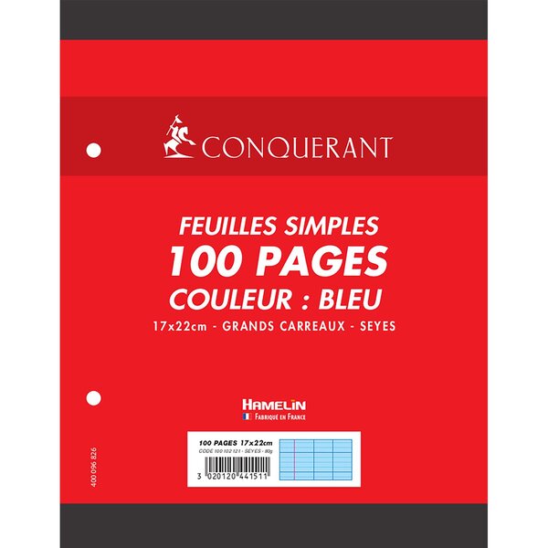 Feuilles Simples 17x22cm Seyès 100 Pages 80g Grands Carreaux Sous Film Bleues CONQUÉRANT