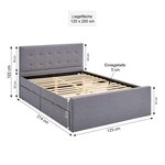 Lit Double 120x200 Gris Sommier à Lattes Tête de Lit Tissu 2 Tiroirs