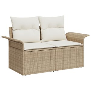 Canapé de jardin 2 places avec coussins beige en poly rotin